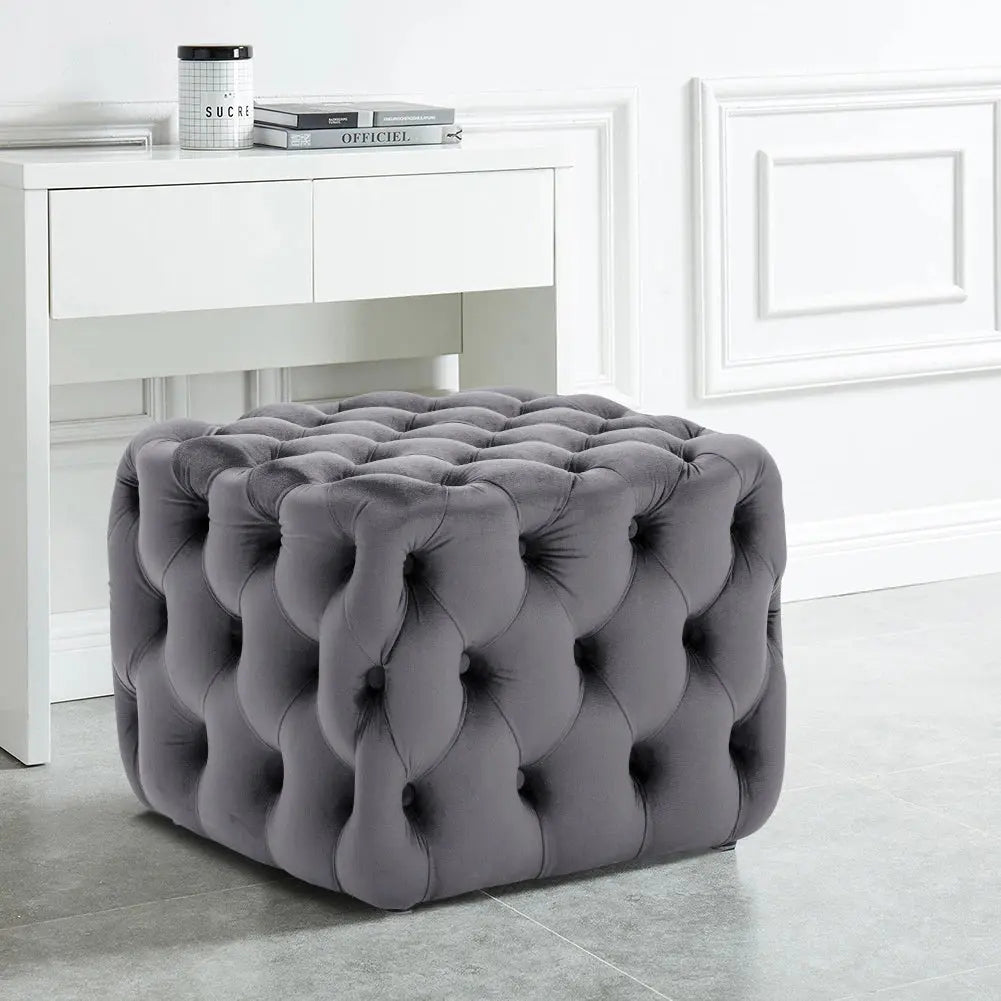 Grey Square Velvet Upholstered Buttoned Footstool Furnish Wise
