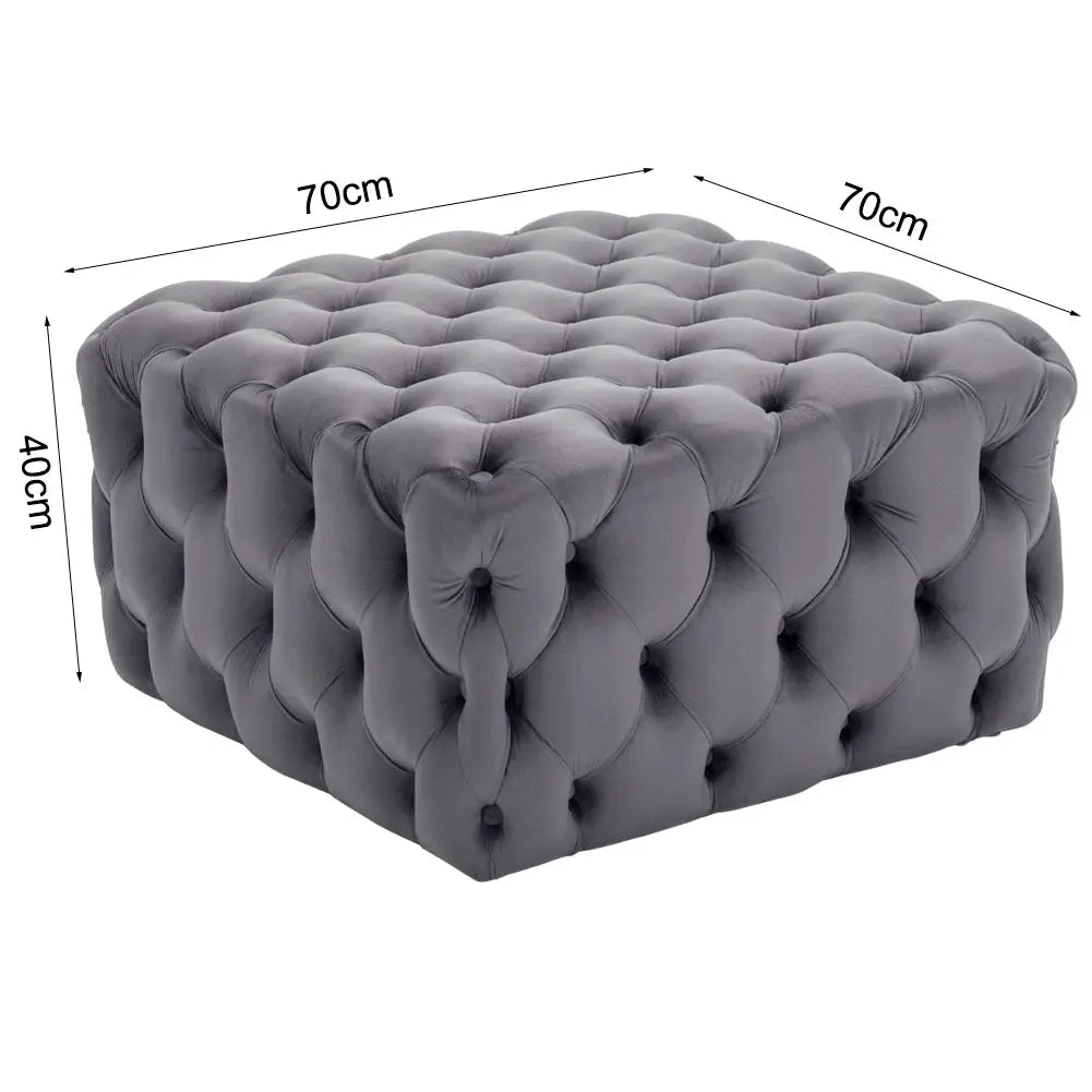 Grey Square Velvet Upholstered Buttoned Footstool Furnish Wise
