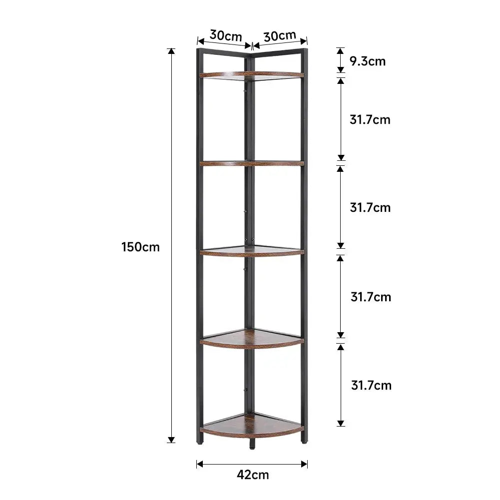 Brown 5 Tier Corner Book Shelf Storage Display Furnish Wise