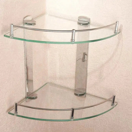 2 Tier Glass Corner Floating Storage Shelf Bathroom Shower Organizer Furnish Wise