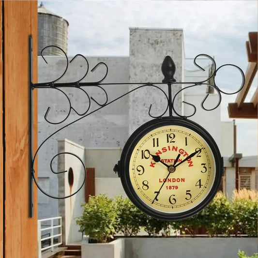 Black Antique Metal Double Sided Wall Clock Furnish Wise
