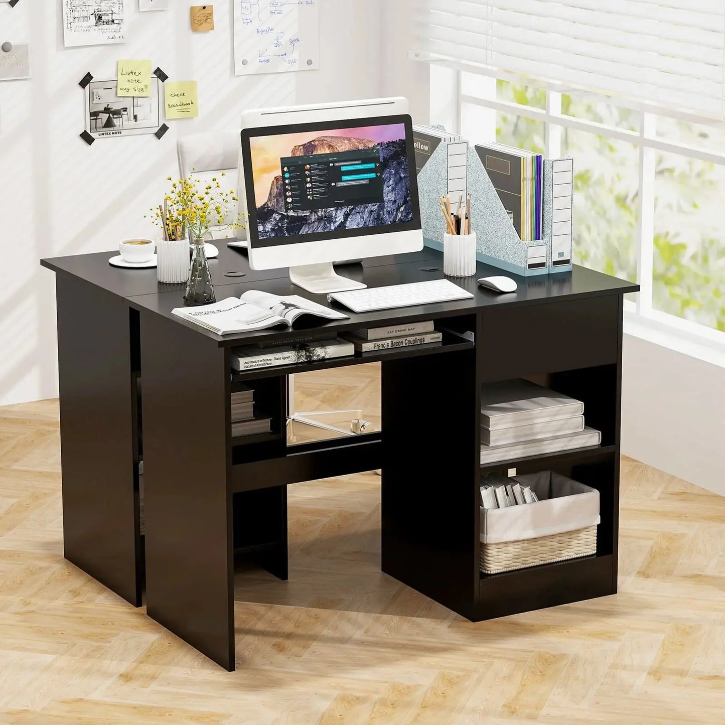 Black Wooden Computer Desk with Pull-out Keyboard Tray Furnish Wise