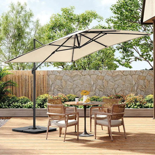 3m Large Garden Roma Tilting Aluminium Cantilever Parasol With Cross Base, Beige Furnish Wise