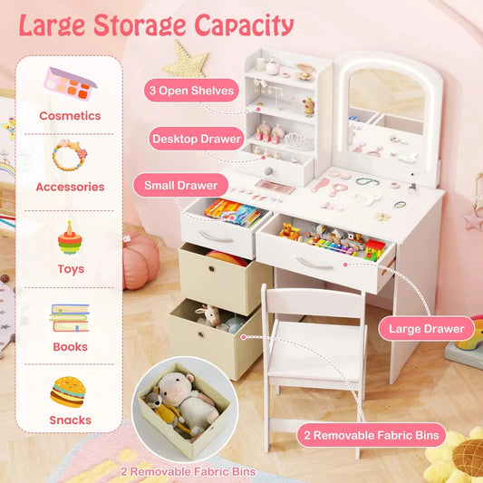 GOFLAME Kids Vanity Set Princess Makeup Desk and Chair w/Lighted Mirror-White Furnish Wise