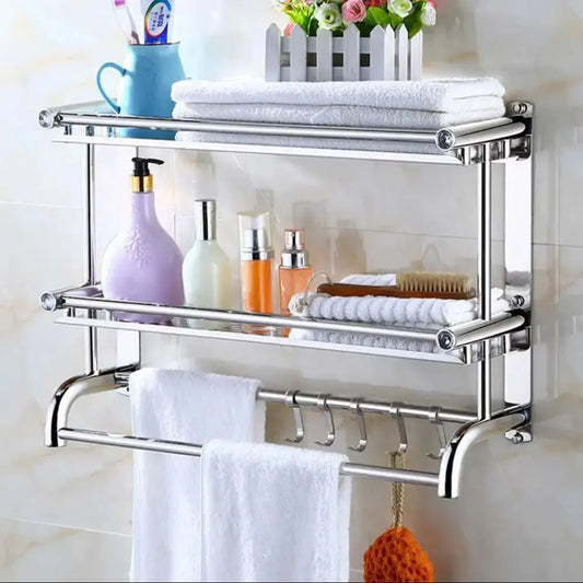Wall Mounted Bath Towel Rail Bathroom Shelf Holder with Hooks Furnish Wise