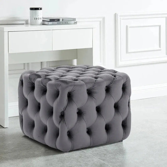 Grey Square Velvet Upholstered Buttoned Footstool Furnish Wise