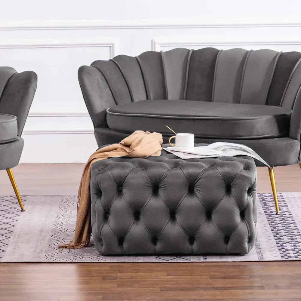 Grey Square Velvet Upholstered Buttoned Footstool Furnish Wise