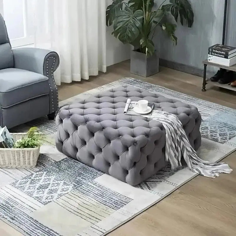 Grey Square Velvet Upholstered Buttoned Footstool Furnish Wise