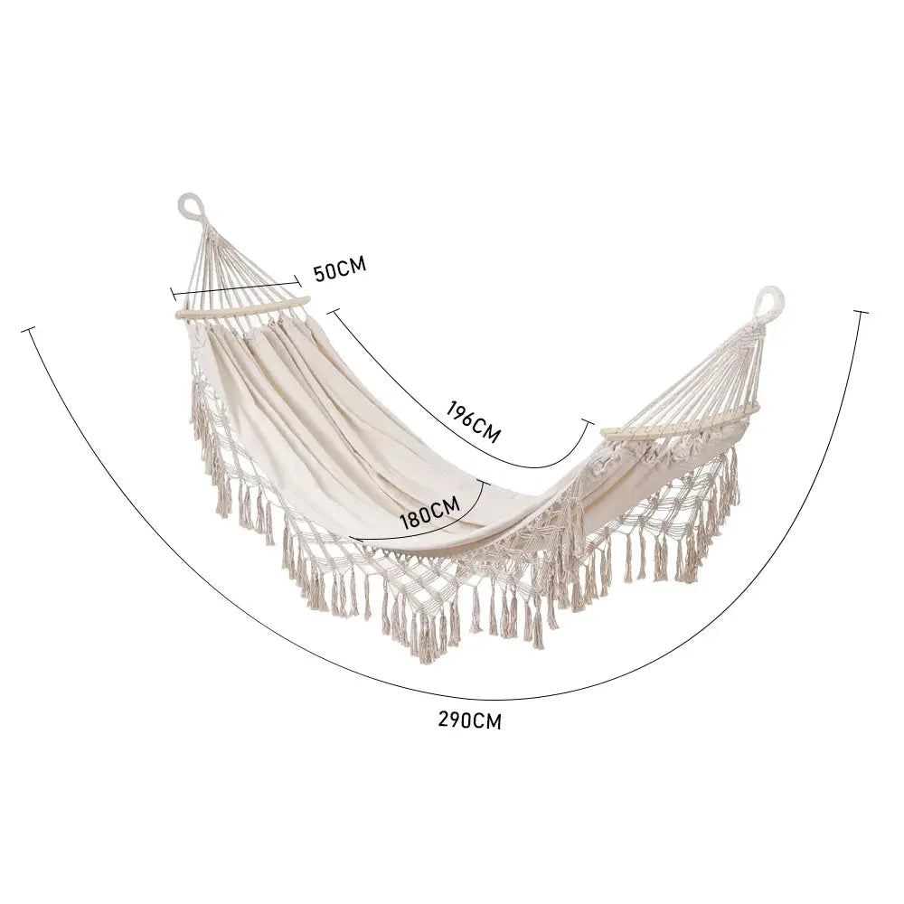 2 Person Beige Camping High Load Bearing Hammock with Tassles Furnish Wise