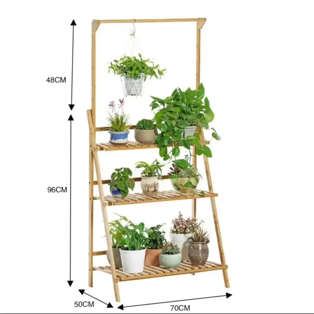 3 Tier Ladder Foldable Plant Stand with Hanging Bar Furnish Wise