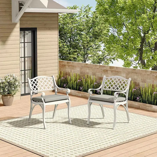 2-Piece White Cast Aluminium Garden Dining Chairs With Cushion Furnish Wise