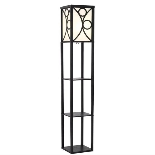 3 in 1 Wooden and Linen Floor Lamp with Shelves Furnish Wise