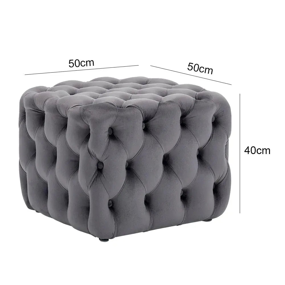 Grey Square Velvet Upholstered Buttoned Footstool Furnish Wise