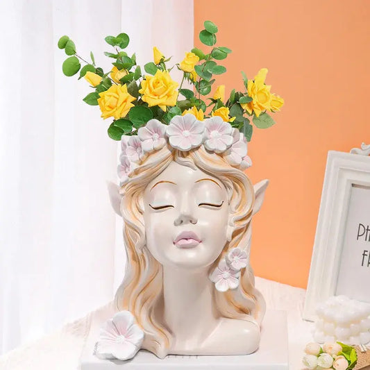 Nordic Resin Vase Flower Fairy Angel Human Head Abstract Half Body Arrangement Human Face Modern Home Interior Decoration Furnish Wise
