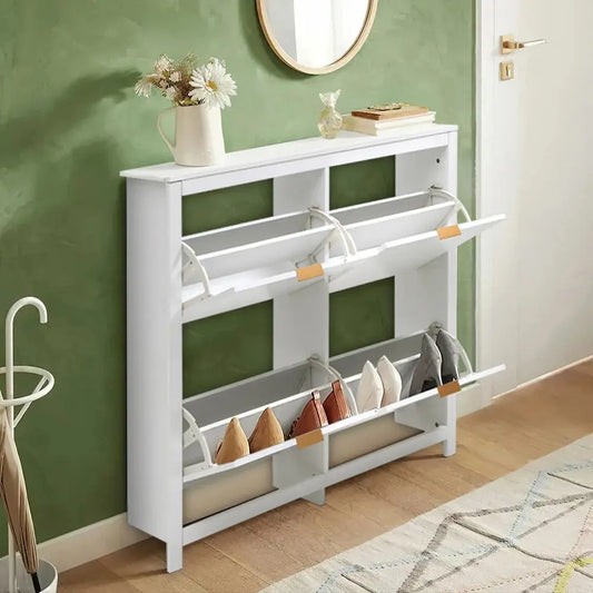 Flip Down Wood Shoe Cabinet in White Furnish Wise