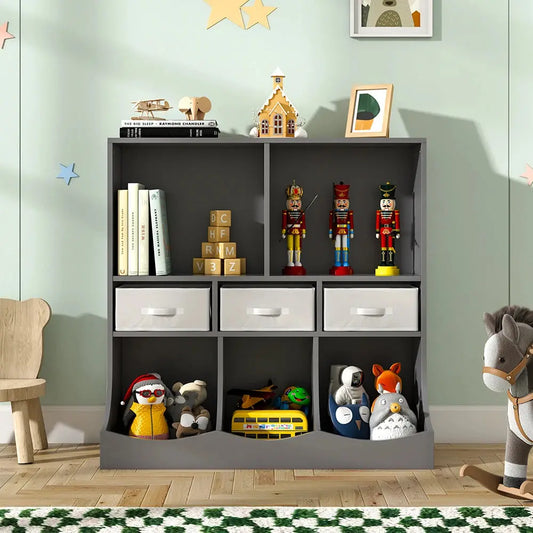 Grey 3 Tier Open Style Toy and Book Storage Cabinet Furnish Wise
