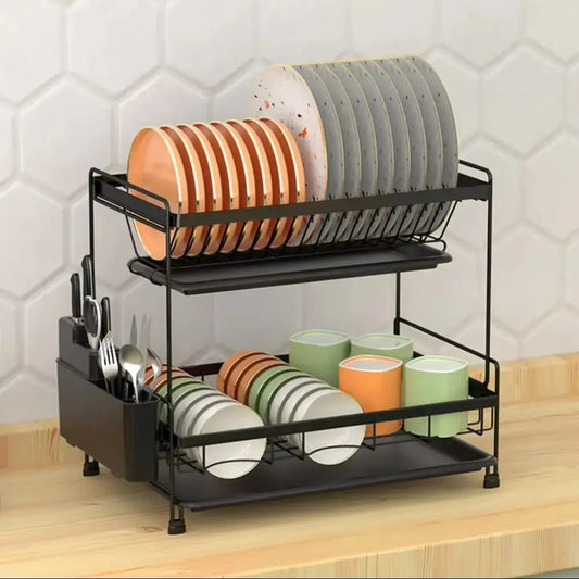 Black 2 Tier Dish Drying Rack with Drainboards Furnish Wise