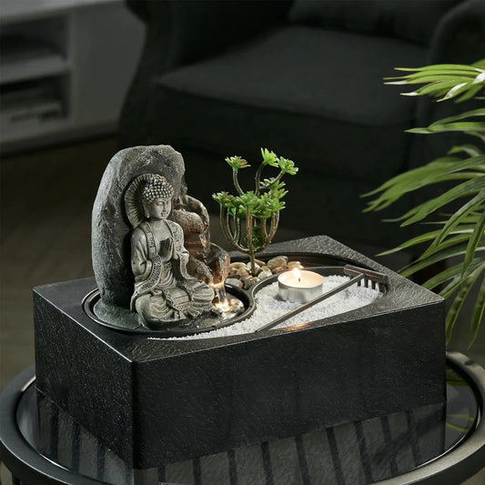 Buddha Zen Tabletop Fountain with LED Lights and Succulents Furnish Wise