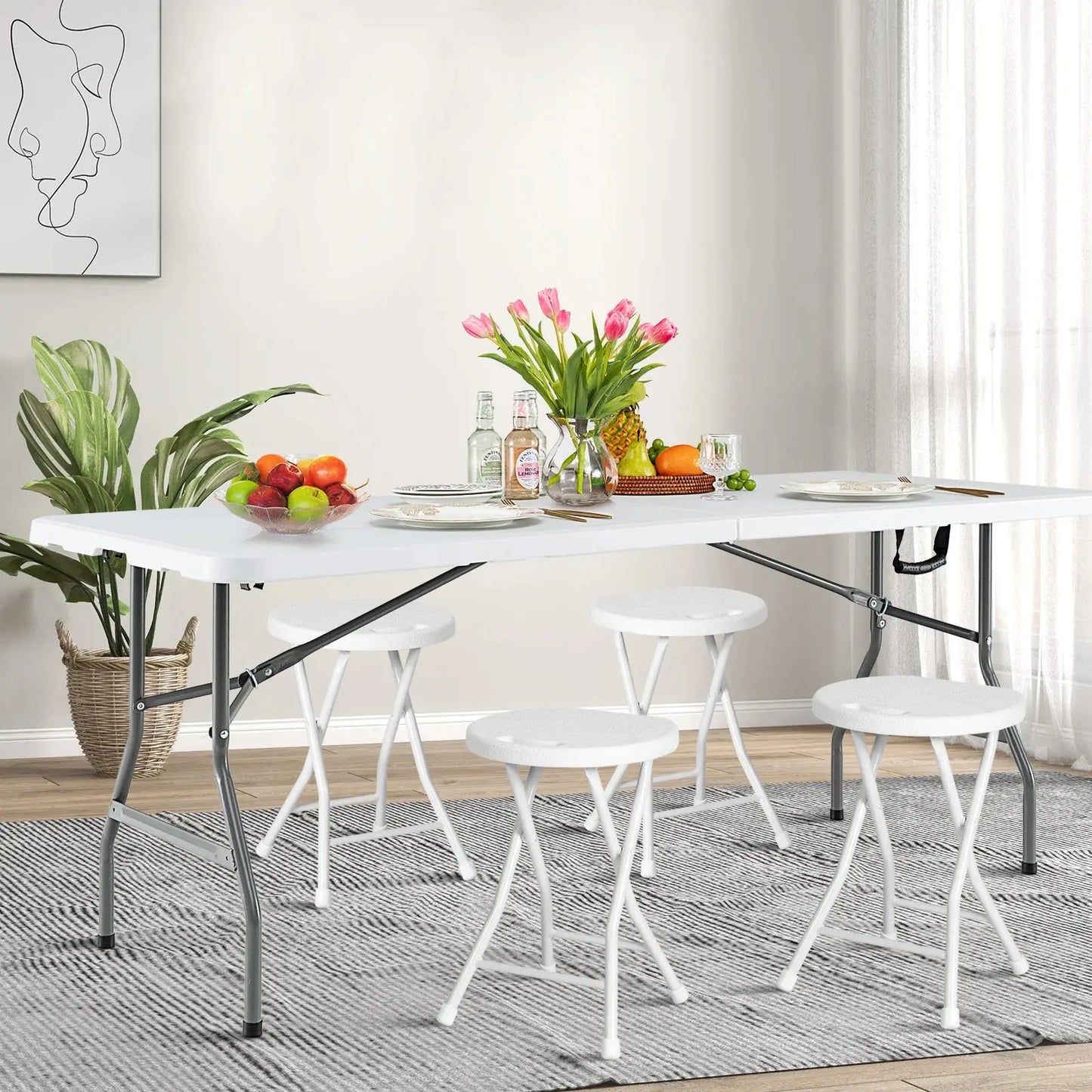 GOFLAME 180 CM Folding Dining Table, Heavy-duty Plastic Table w/ Handle, Metal Legs & Non-slip Foot Pads Furnish Wise