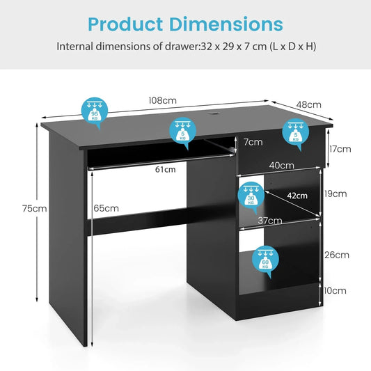 Black Wooden Computer Desk with Pull-out Keyboard Tray Furnish Wise