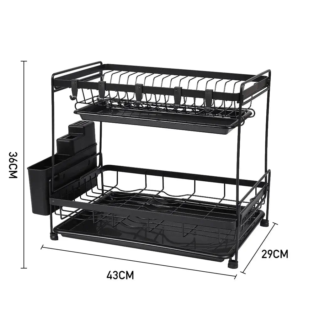 Black 2 Tier Dish Drying Rack with Drainboards Furnish Wise