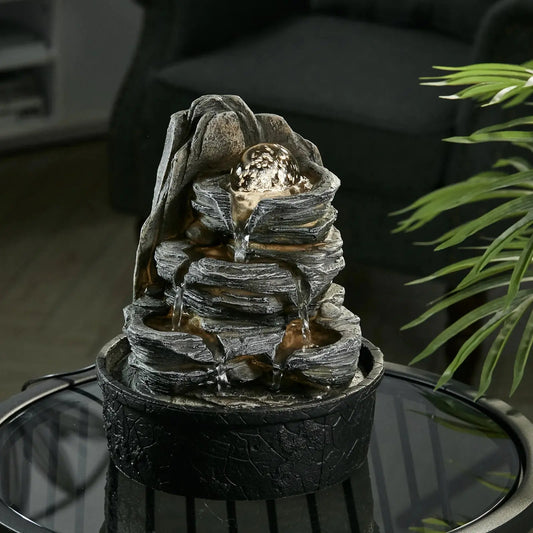 Layered Rock Cascading Tabletop Fountain with LED Crystal Ball Furnish Wise