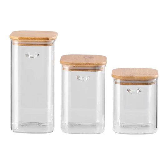 3Pcs Glass Storage Jars with Bamboo Spoons Furnish Wise
