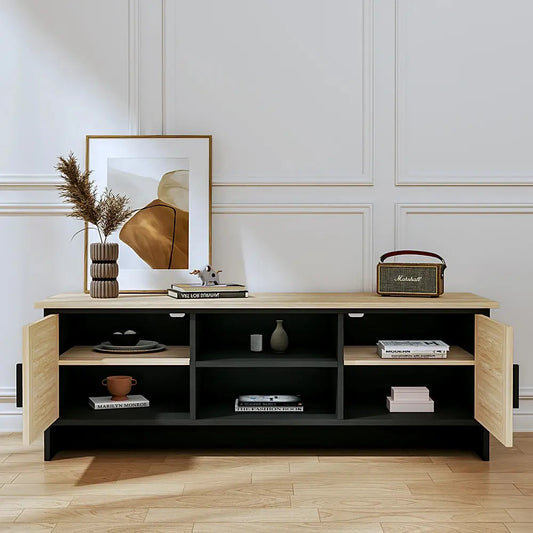 Beige Modern Wooden TV Unit with Rattan Doors Furnish Wise
