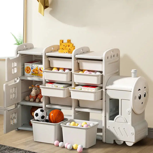 Cute Train Shape Toys Storage Rack for Kids Floor Standing Furnish Wise