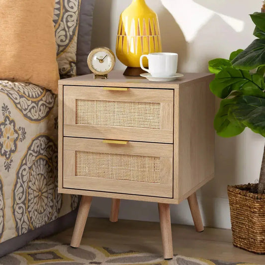 2 Pack Wooden and Rattan Side Cabinet Furnish Wise