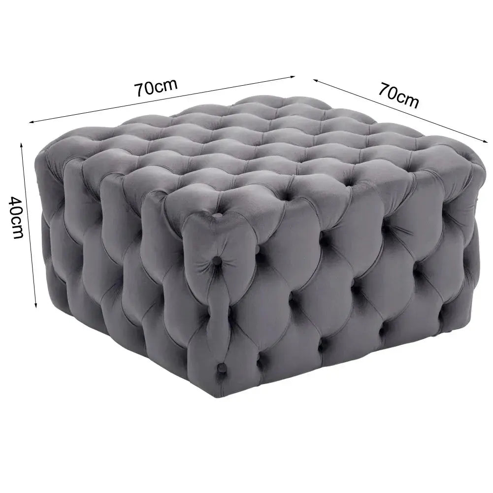 Grey Square Velvet Upholstered Buttoned Footstool Furnish Wise