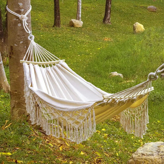 2 Person Beige Camping High Load Bearing Hammock with Tassles Furnish Wise