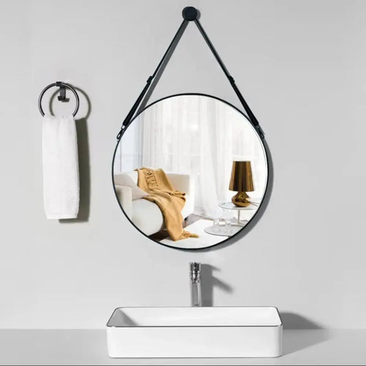 Modern Round Hanging Mirror with Adjustable Leather Strap Furnish Wise