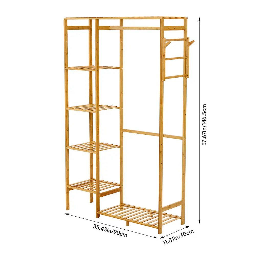 Wooden Clothes Rack with Hooks Furnish Wise