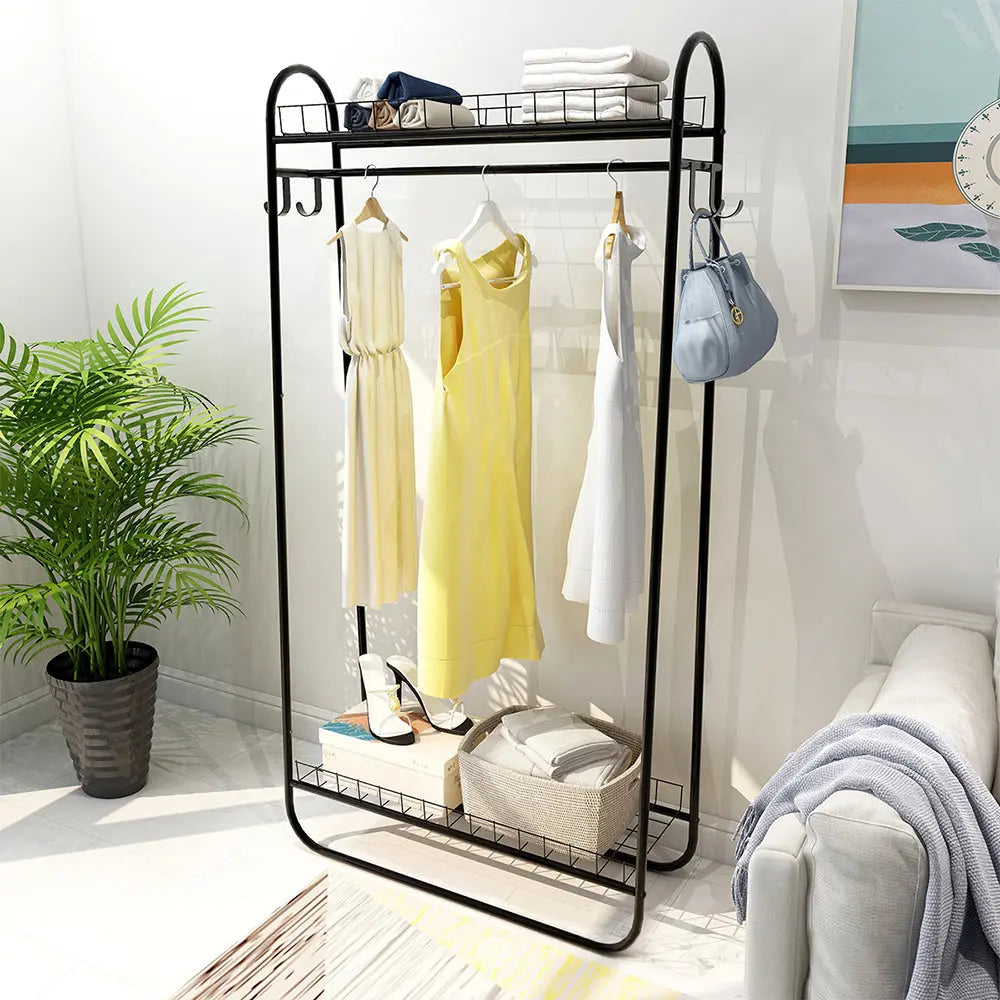 Chic Metal Clothes Rack with Upper and Lower Storage Furnish Wise
