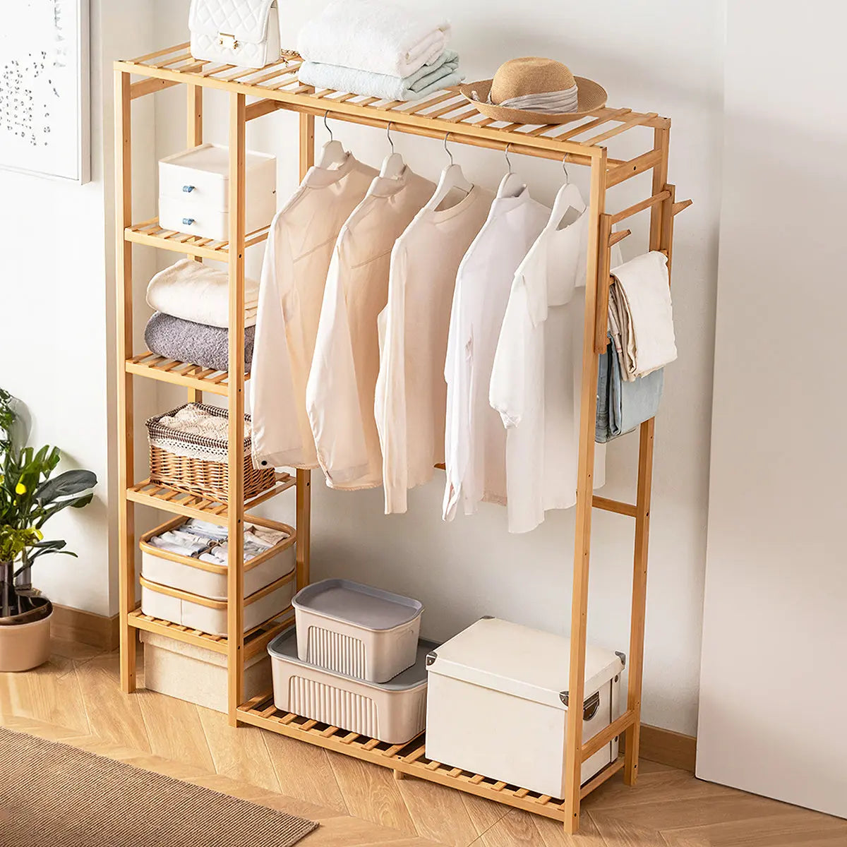 Wooden Clothes Rack with Hooks
