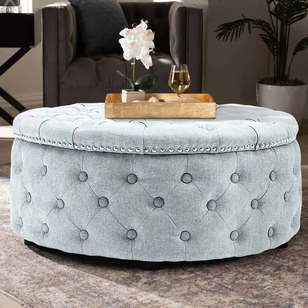 Round Linen Deep Buttoned Ottoman with Studded Edge