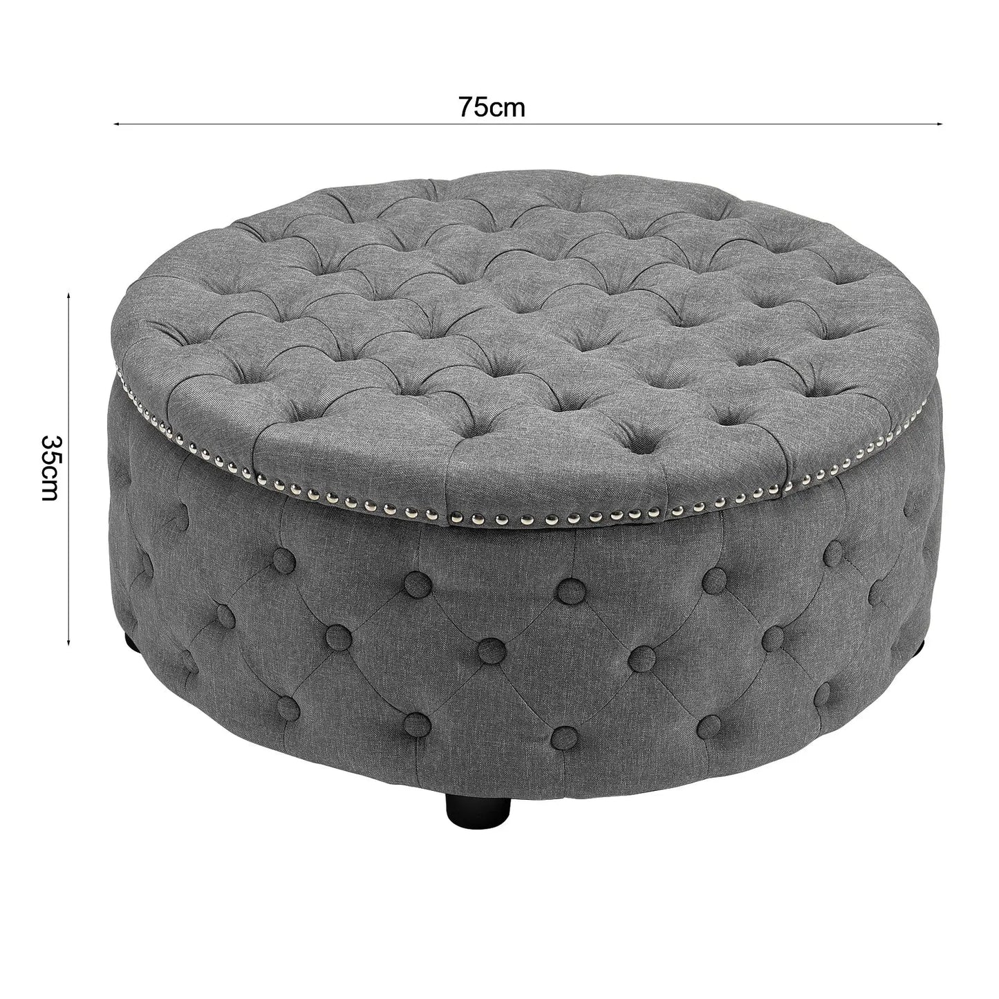 Round Linen Deep Buttoned Ottoman with Studded Edge