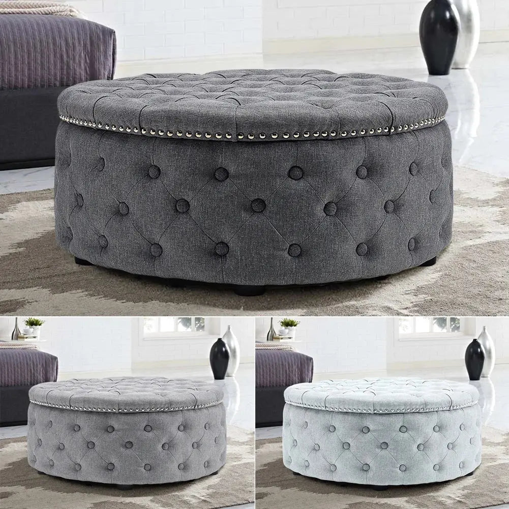 Round Linen Deep Buttoned Ottoman with Studded Edge