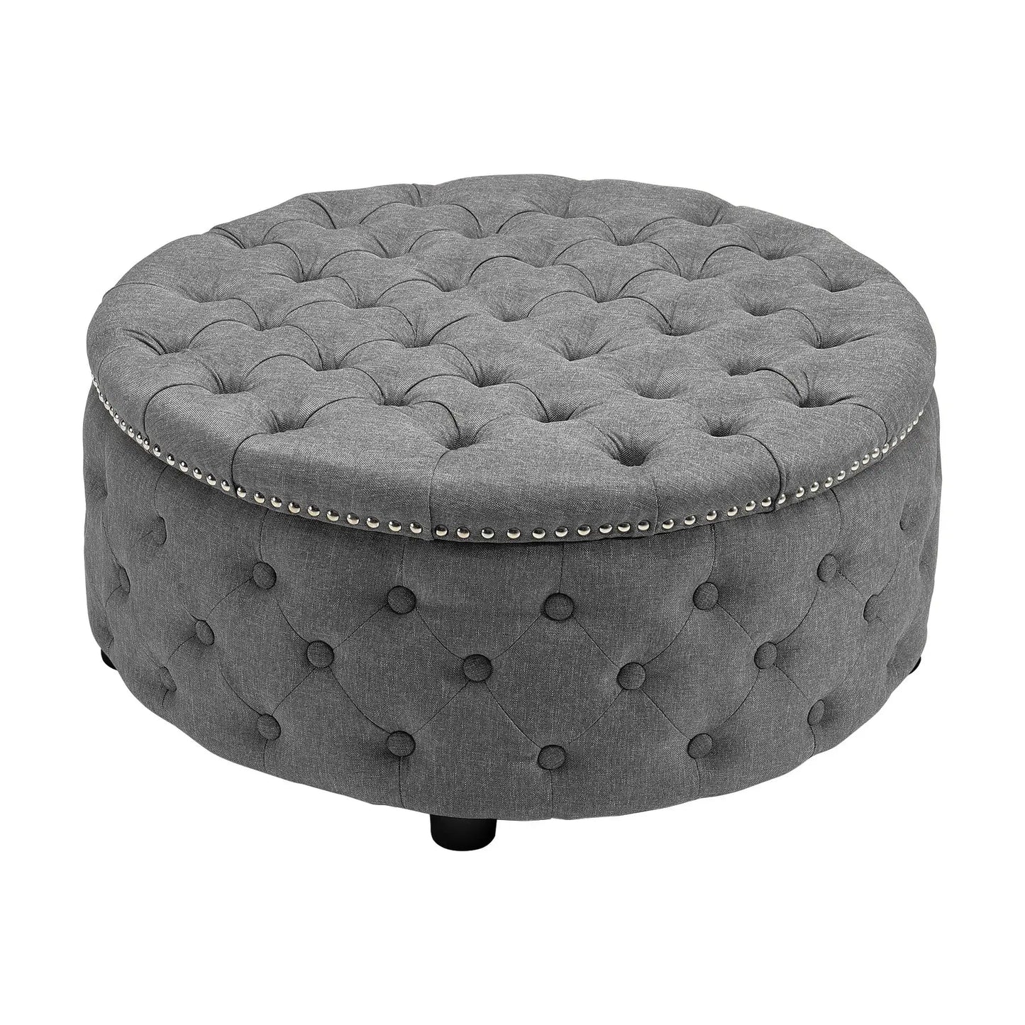 Round Linen Deep Buttoned Ottoman with Studded Edge
