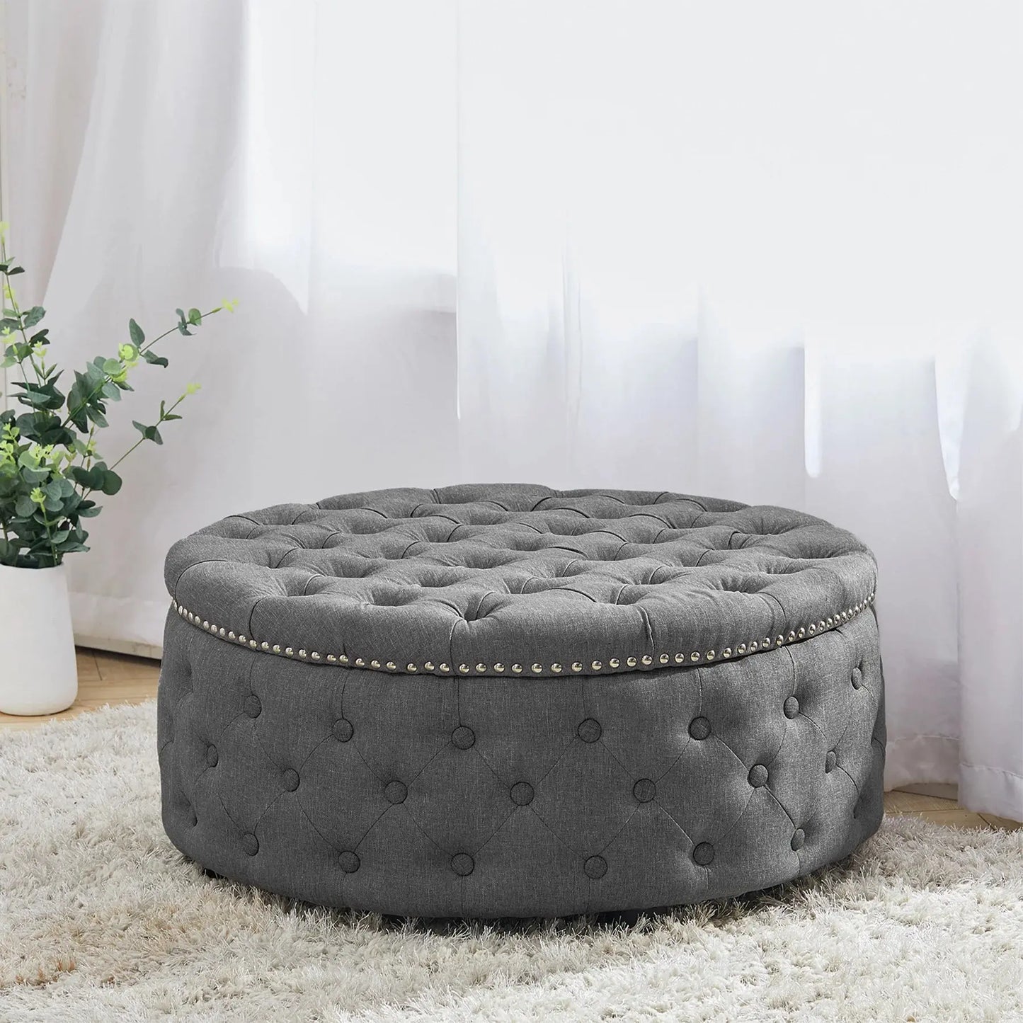 Round Linen Deep Buttoned Ottoman with Studded Edge