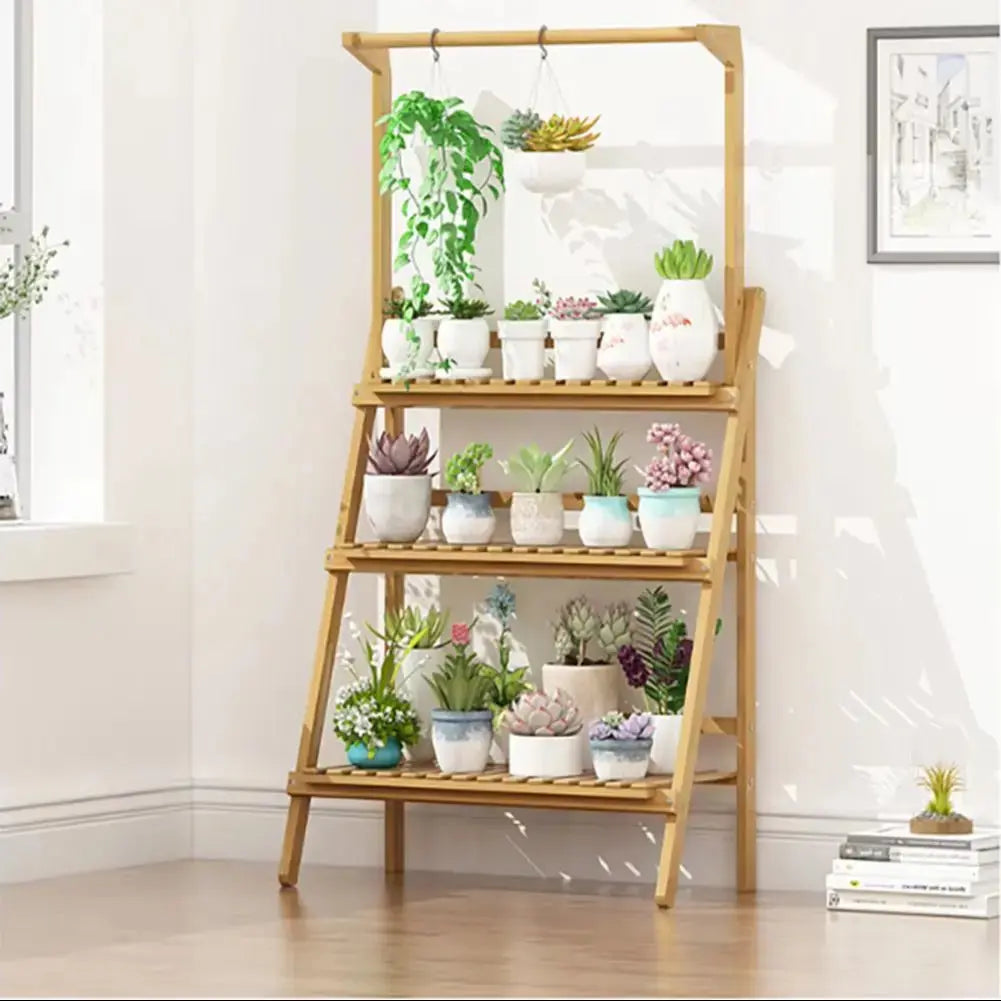 3 Tier Ladder Foldable Plant Stand with Hanging Bar, Wood/White