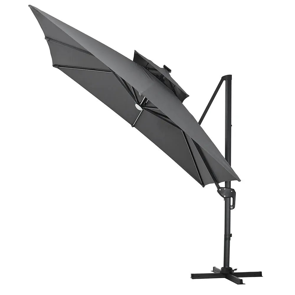 3m Dark Grey Garden LED Light Parasol Outdoor Umbrella with Cross Base