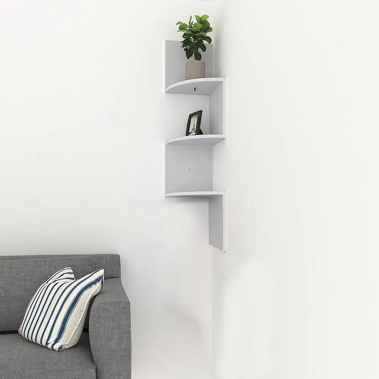 Wooden Zigzag Floating Corner Shelves Multi-Tier White Furnish Wise