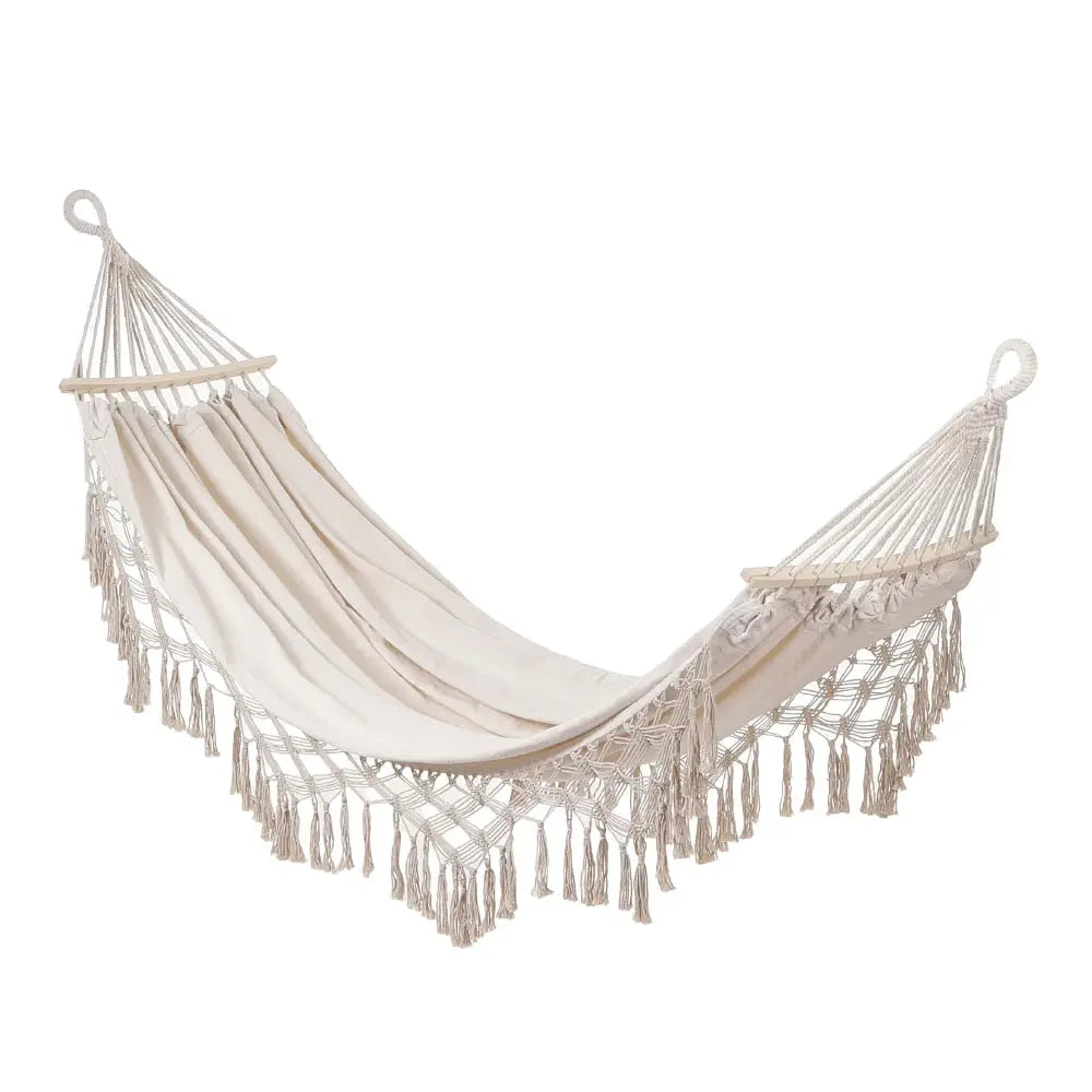2 Person Beige Camping High Load Bearing Hammock with Tassles