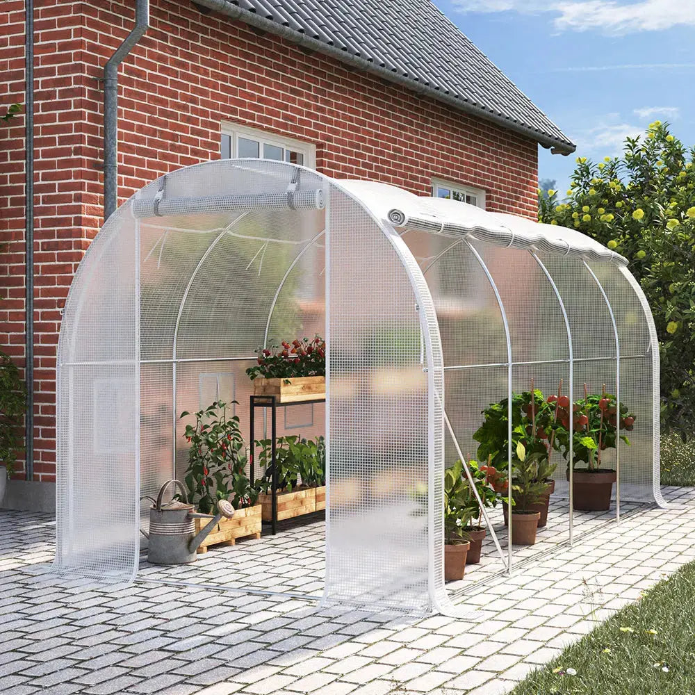 White 4m Outdoor Tunnel Greenhouse with Steel Frame