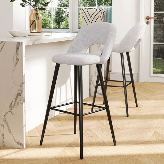 2 Piece Teddy Bear Fur Upholstered Breakfast Bar Stools with Backrest Furnish Wise