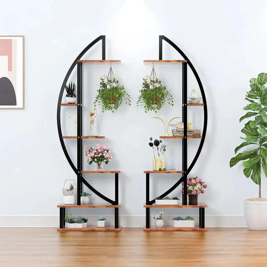2-Piece Brown Crescent Wood Tiered Plant Stand Furnish Wise