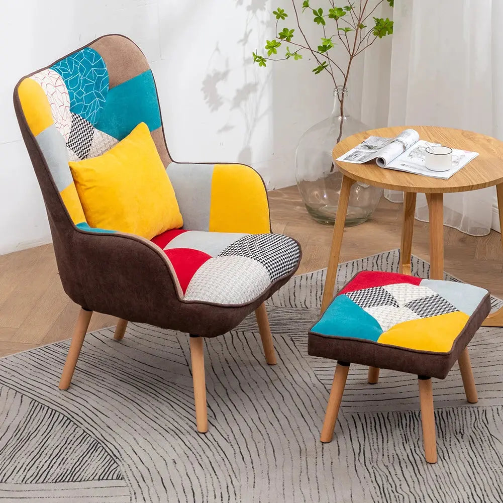 Multicolor Wingback Lounge Chair with Footstool and Pillow