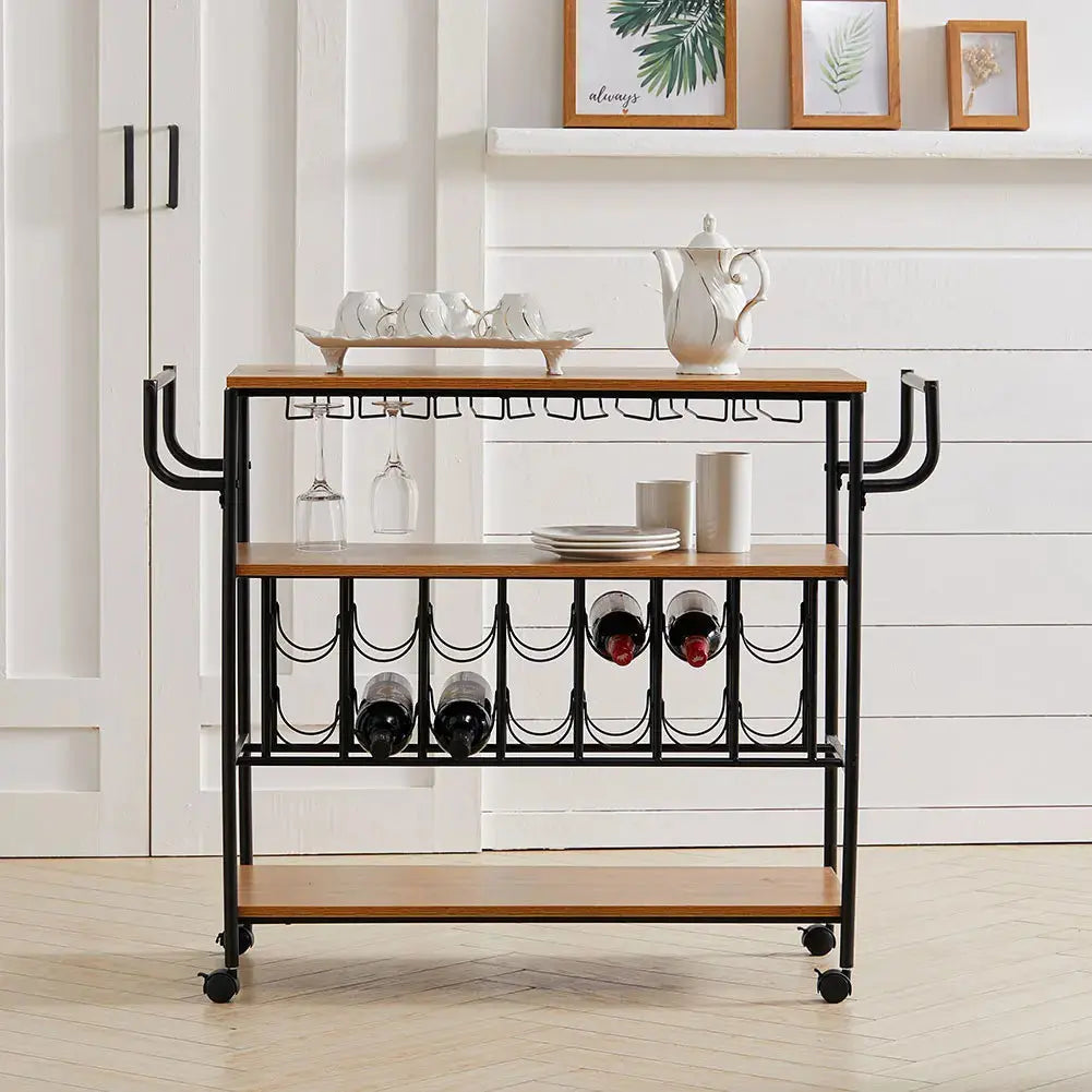 3 Tier Kitchen Drinks Trolley with Wine Bottle Storage Furnish Wise